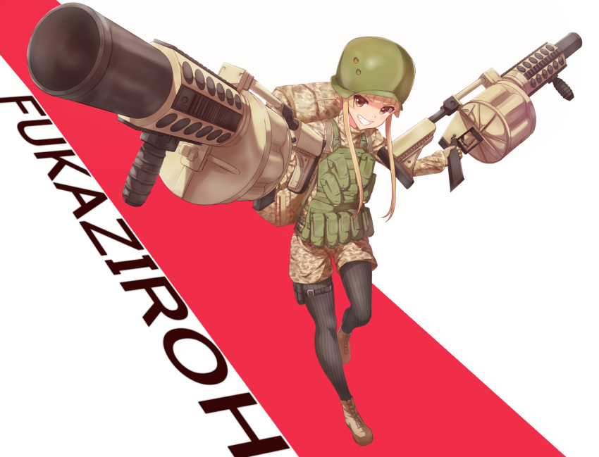 backpack, bag, blonde_hair, boots, camouflage_print, dual_wielding, fukaziroh_(sao), grenade_launcher