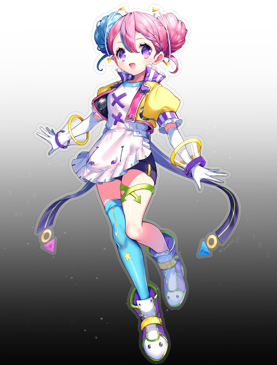 1girl, :d, apron, artist_name, blue_hair, blue_legwear, boots, double_bun, elbow_gloves, frilled_skirt, frills, full_body, gloves, gradient, gradient_background, highres, jacket, looking_at_viewer, mizumori_(xcllcx), multicolored, multicolored_clothes, multicolored_hair, open_mouth, original, pink_hair, puffy_sleeves, short_sleeves, single_thighhigh, skirt, smile, solo, strap, thigh-highs, thighlet, two-tone_hair, violet_eyes, virtual_youtuber, white_gloves