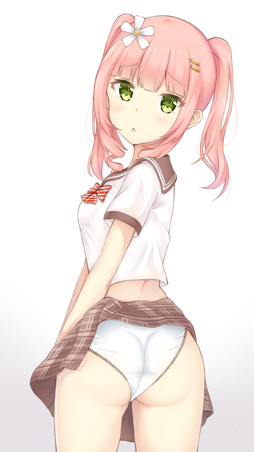 1girl, :o, ass, bangs, blush, bow, bowtie, breasts
