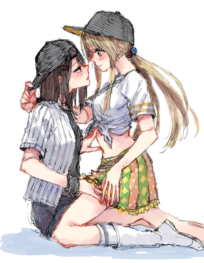 2girls, adjusting_clothes, adjusting_hat, backwards_hat, bang_dream!, bangs, baseball_cap, black_hair