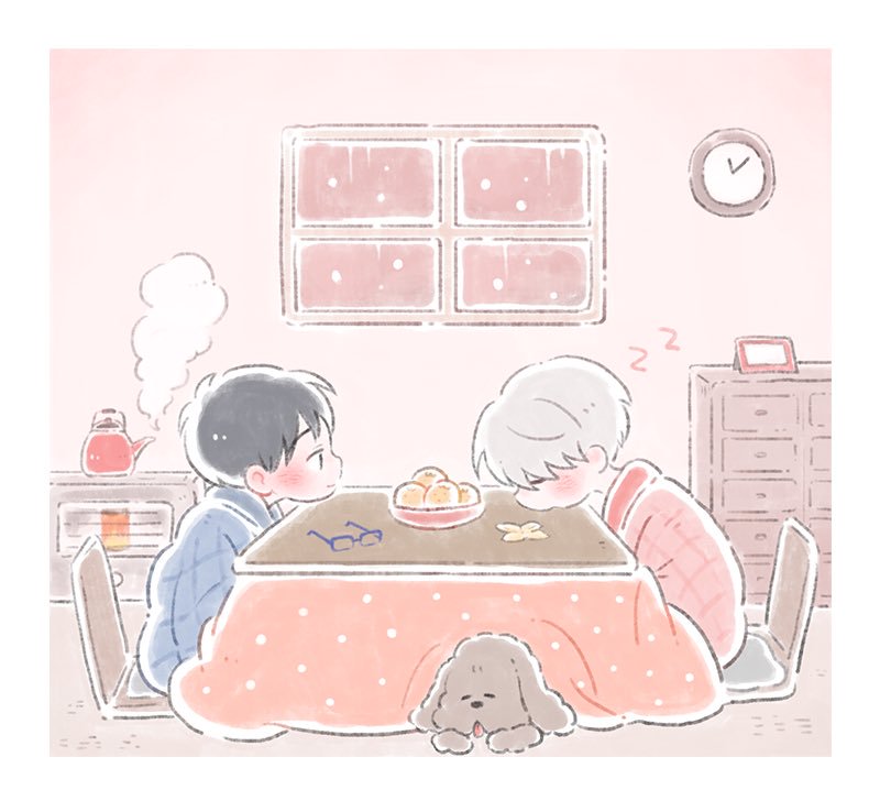 2boys, black_hair, brown_eyes, chest_of_drawers, clock, closed_eyes, dog, eyewear_removed, food, fruit, glasses, katsuki_yuuri, kotatsu, makkachin, male_focus, multiple_boys, open_mouth, orange, sakana_(gyogyo33), silver_hair, sitting, smile, table, teapot, under_kotatsu, under_table, viktor_nikiforov, window, yuri!!!_on_ice, zzz