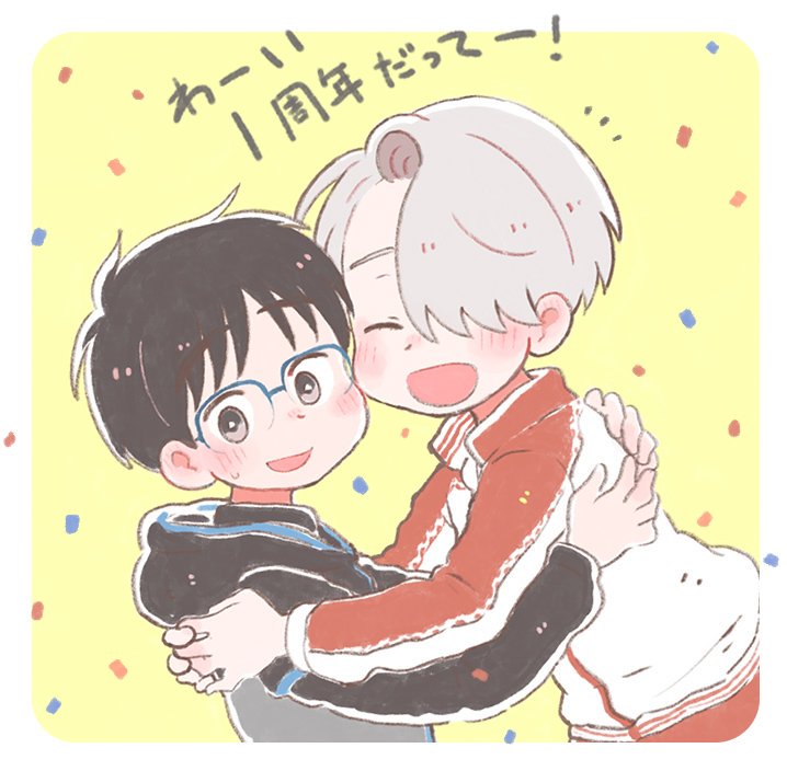 2boys, black_hair, blue-framed_eyewear, brown_eyes, cheek-to-cheek, closed_eyes, confetti, glasses