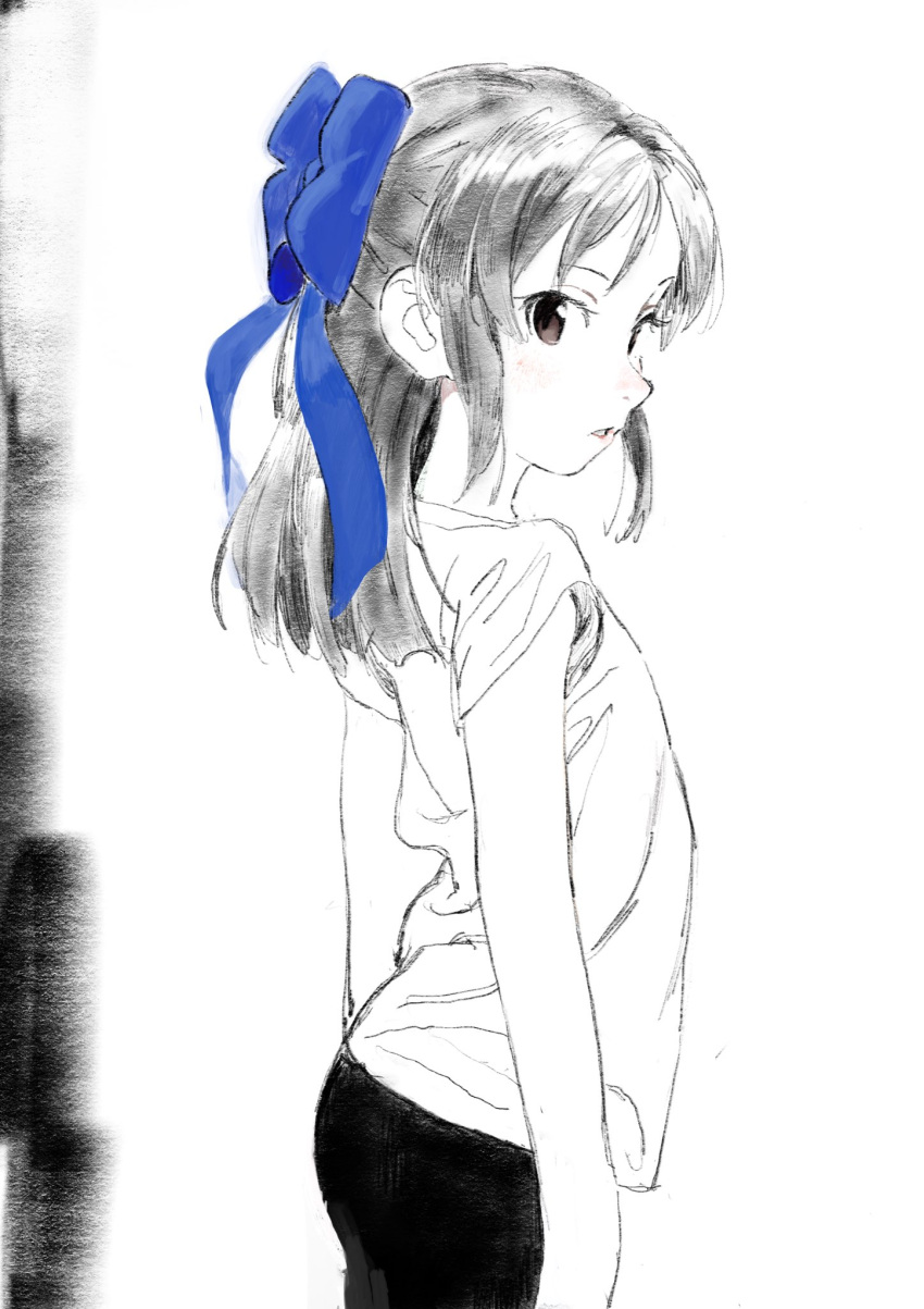 1girl, arched_back, black_hair, blue_bow, blush, bow, brown_eyes, cowboy_shot, hair_bow, half_updo, highres, idolmaster, idolmaster_cinderella_girls, long_hair, looking_back, monochrome, noriyuki, parted_lips, shirt, sketch, solo, spot_color, t-shirt, tachibana_arisu
