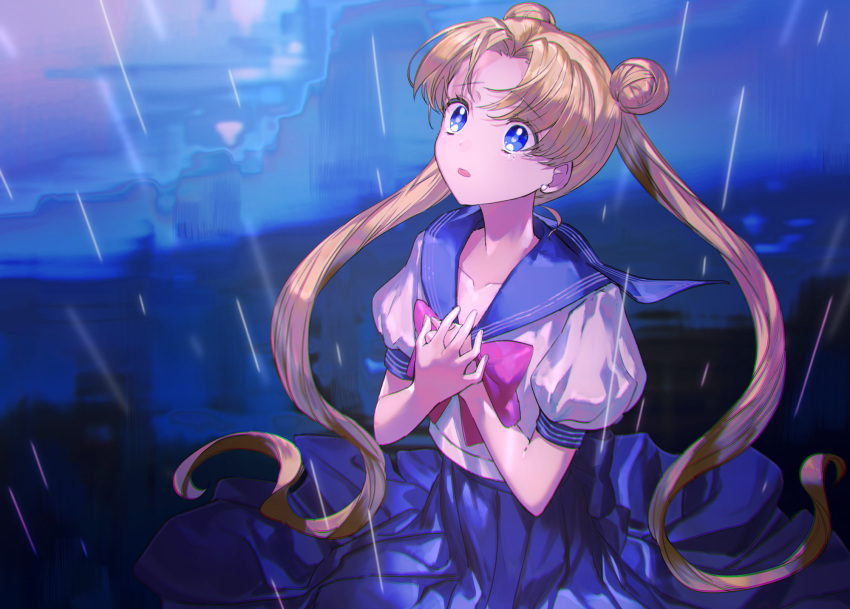 1girl, bangs, bishoujo_senshi_sailor_moon, blonde_hair, blue_eyes, blue_sailor_collar, blue_skirt, bow, cowboy_shot, double_bun, hands_on_own_chest, highres, juuban_middle_school_uniform, long_hair, looking_away, parted_bangs, rain, red_bow, sailor_collar, skirt, solo, tsukino_usagi, twintails, wattaro