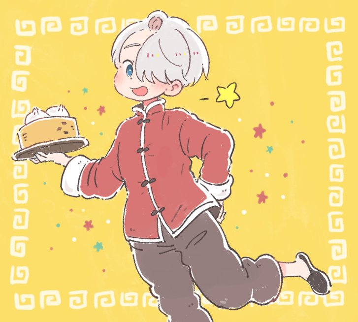 1boy, baozi, blue_eyes, chinese_clothes, food, hair_over_one_eye, hand_on_hip, male_focus