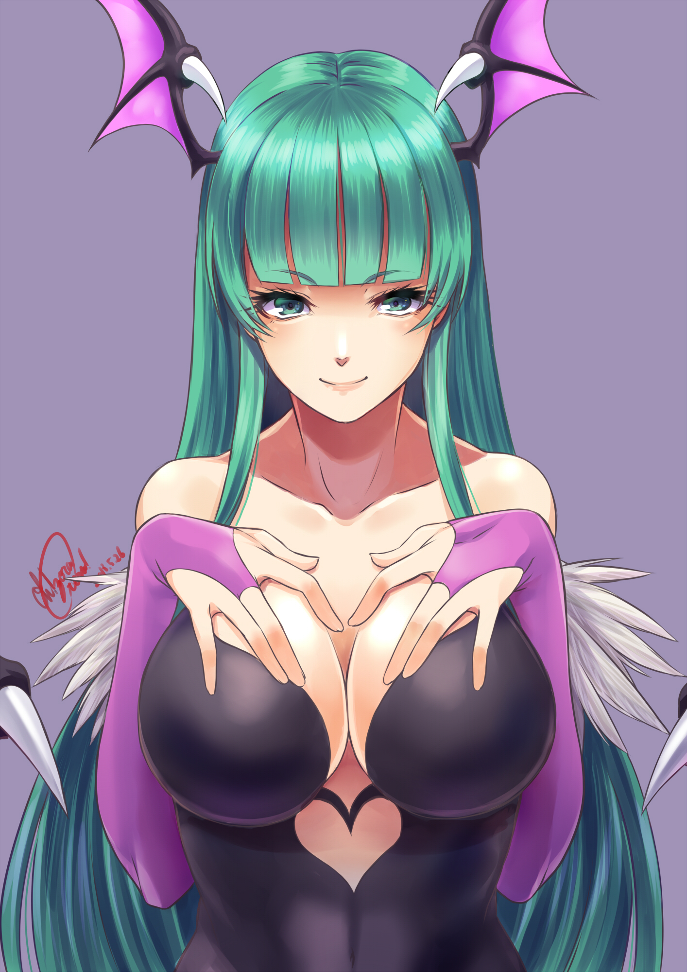 1girl, bat_wings, breasts, bridal_gauntlets, cleavage, demon_girl, green_hair, head_wings