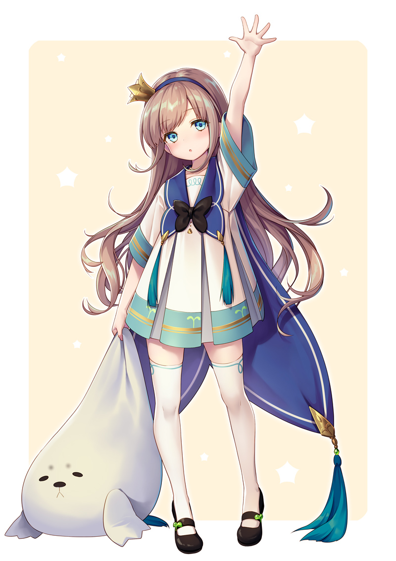1girl, :o, arm_up, bangs, black_bow, black_footwear, blue_eyes, blue_hairband