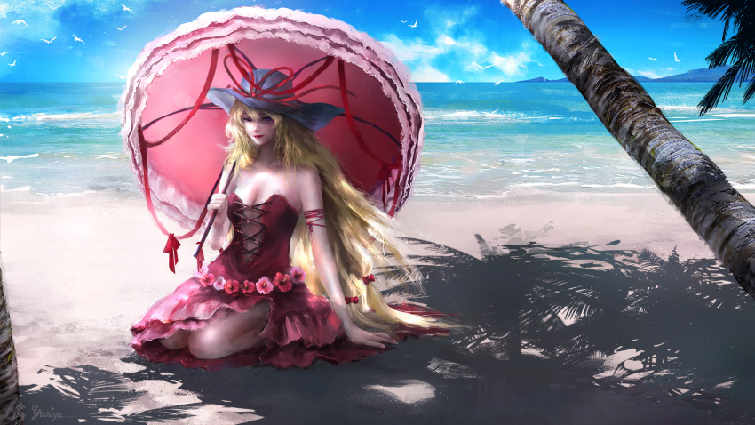 1girl, animal, arm_ribbon, arm_support, artist_name, bangs, bare_shoulders, bird