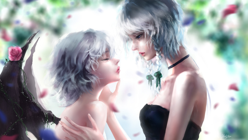 2girls, alternate_costume, artist_name, bangs, bare_shoulders, bat_wings, black_dress, blue_eyes
