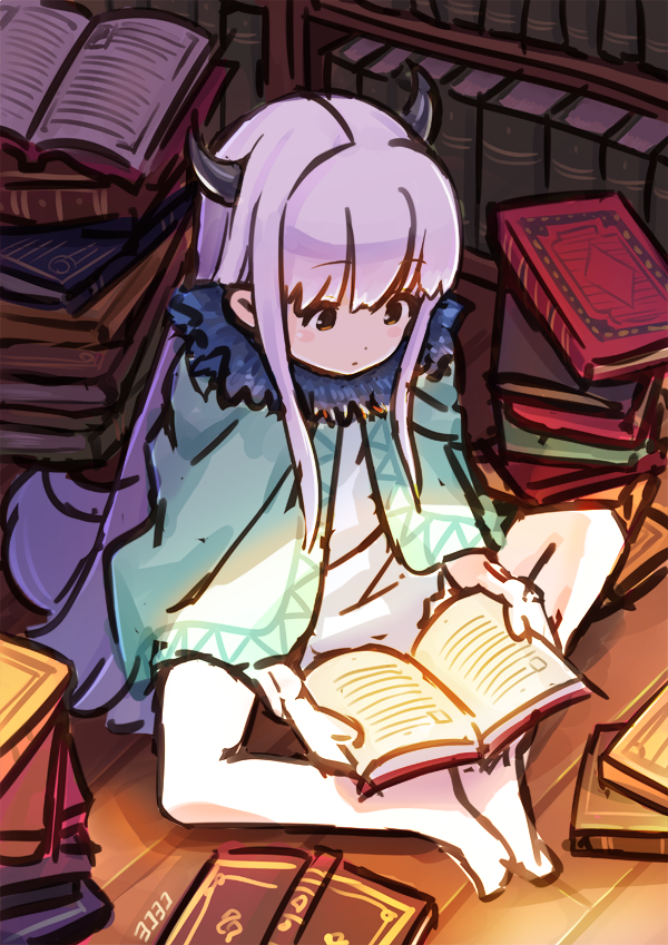 1girl, bangs, book, book_stack, bookshelf, butterfly_sitting, demon_girl, horns