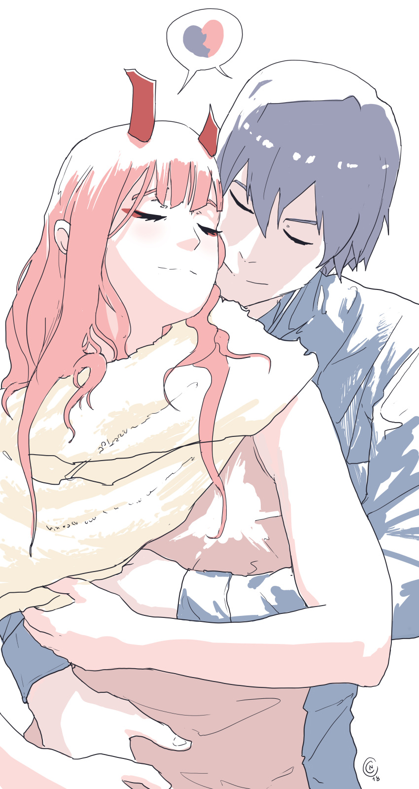 1boy, 1girl, absurdres, bangs, black_hair, closed_eyes, commentary, couple, darling_in_the_franxx, hand_on_another's_chest, hand_on_another's_stomach, heart, hetero, highres, hiro_(darling_in_the_franxx), holding_hand, horns, hug, hug_from_behind, kjlbs, long_hair, long_sleeves, oni_horns, pink_hair, red_horns, shirt, short_hair, sleeveless, sleeveless_shirt, white_background, zero_two_(darling_in_the_franxx)