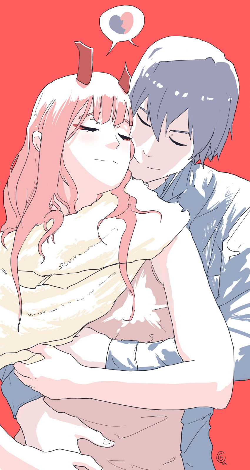 1boy, 1girl, absurdres, bangs, black_hair, closed_eyes, commentary, couple