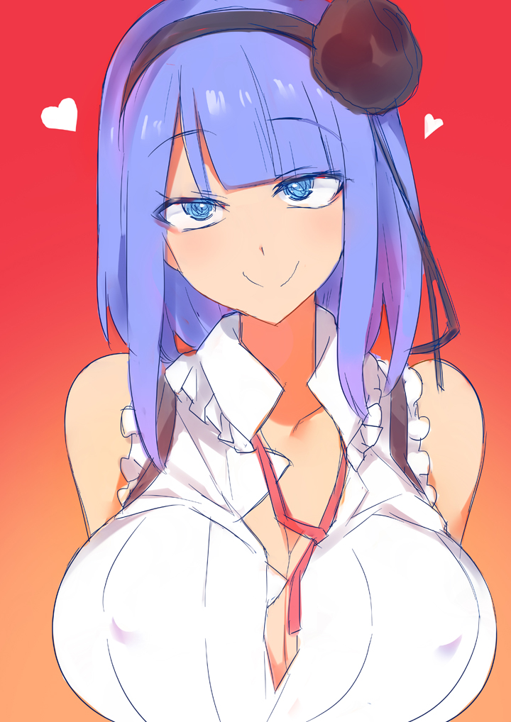 bare_shoulders, blue_eyes, breasts, chinese_commentary, cleavage, commentary_request, dagashi_kashi, erect_nipples, flower, gradient, gradient_background, hair_flower, hair_ornament, hairband, heart, large_breasts, purple_hair, shidare_hotaru, sleeveless, smile, suspenders, yostxxx