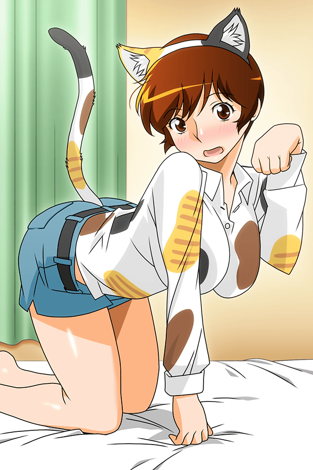 1girl, all_fours, animal_ears, bed_sheet, blush, breasts, brown_eyes, brown_hair