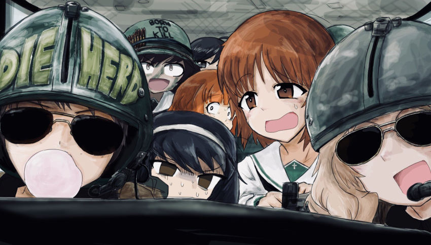 6+girls, :d, ahoge, akiyama_yukari, bangs, black-framed_eyewear, black_hair, blonde_hair
