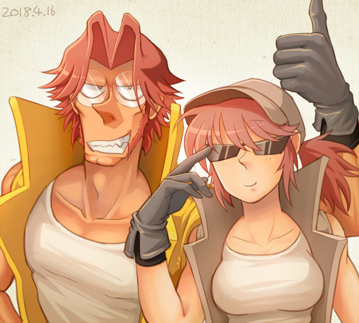 1boy, 1girl, black_gloves, breasts, brown_hair, brown_hat, brown_jacket, dated, eyewear_switch, fio_germi, glasses, gloves, grin, hair_intakes, hat, jacket, medium_breasts, medium_hair, metal_slug, open_clothes, open_jacket, ponytail, round_eyewear, sasisage, sharp_teeth, shirt, short_ponytail, sideburns, sleeveless_jacket, smile, sunglasses, tarma_roving, teeth, thumbs_up, white_shirt, yellow_jacket