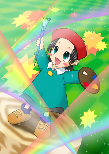 1girl, adeleine, art_brush, beret, blush, child, dress, happy, hat, kirby, kirby_(series), kirby_64, lowres, nintendo, paintbrush, palette, pallete, rainbow, rainbows, smile, solo, sparkle, sparkles, star, starburst, stump, tree_stump