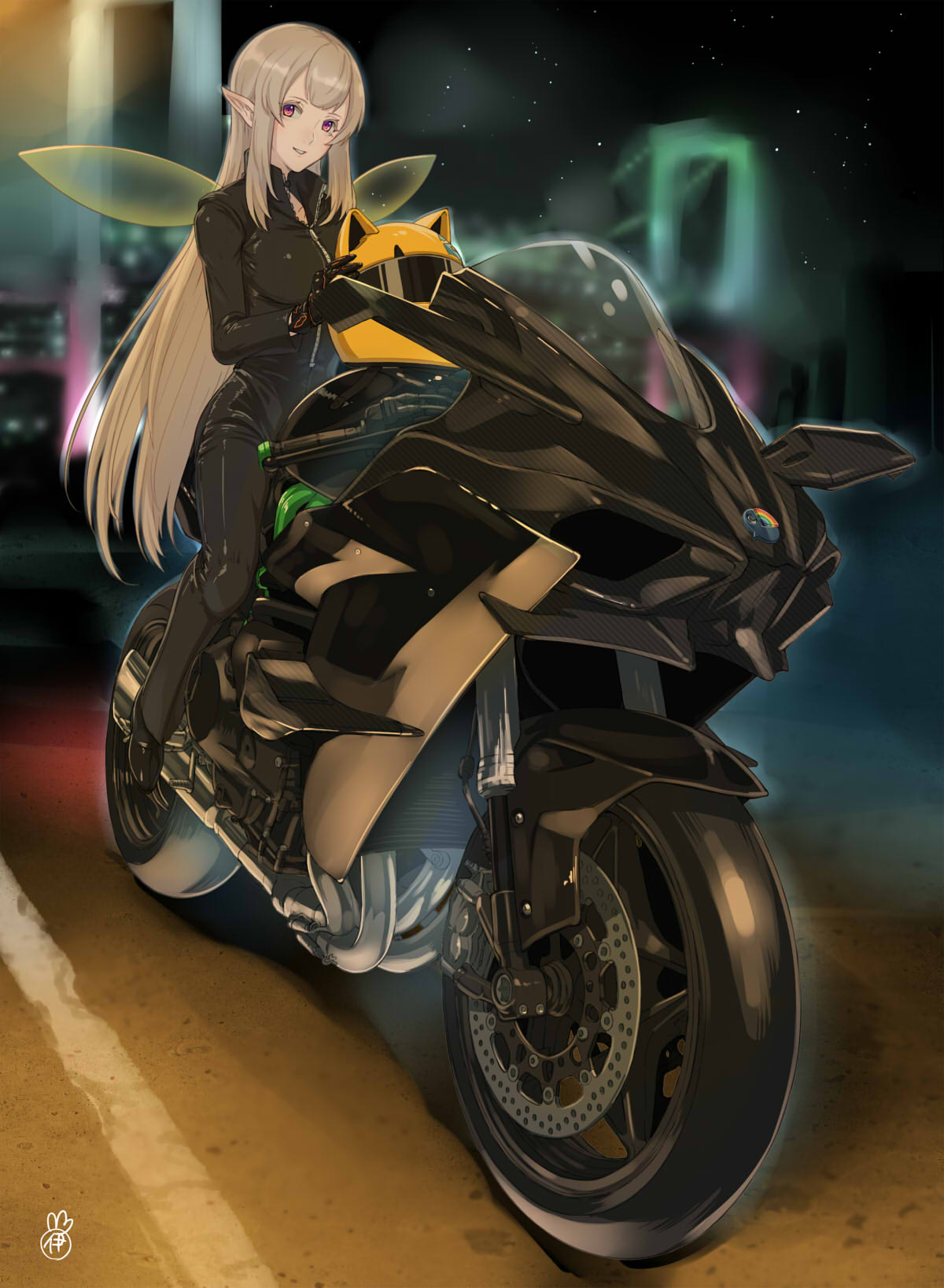 1girl, bangs, biker_clothes, black_gloves, blonde_hair, blurry, breasts, celty_sturluson