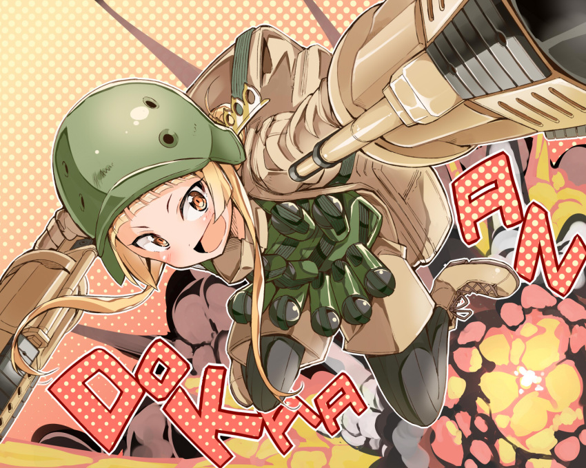 bibi, blonde_hair, camouflage, dual_wielding, explosion, fukaziroh_(sao), gloves, grenade_launcher, gun, hair_bun, helmet, highres, jacket, knife_in_hair, mgl-140, rightony_&amp;_leftania, sword_art_online, sword_art_online_alternative:_gun_gale_online, trench_knife, weapon