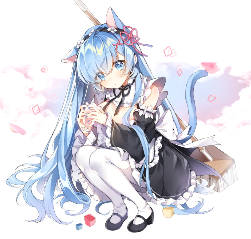 1girl, alternate_hair_length, alternate_hairstyle, animal_ears, apron, bangs, black_dress, black_footwear