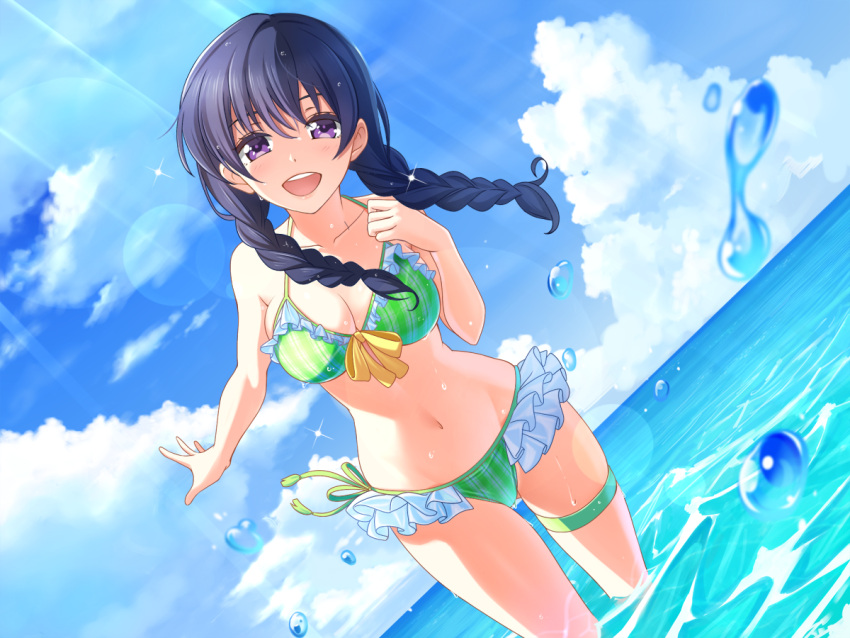 1girl, bikini, blue_eyes, blue_hair, braid, breasts, cleavage, clouds