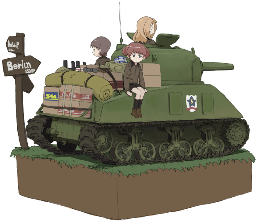 3girls, alisa_(girls_und_panzer), arm_support, bangs, black_legwear, black_shorts, blonde_hair, box