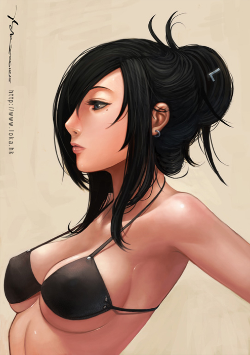black_hair, breasts, cleavage, earrings, jewelry, loka, lokman_lam, mole