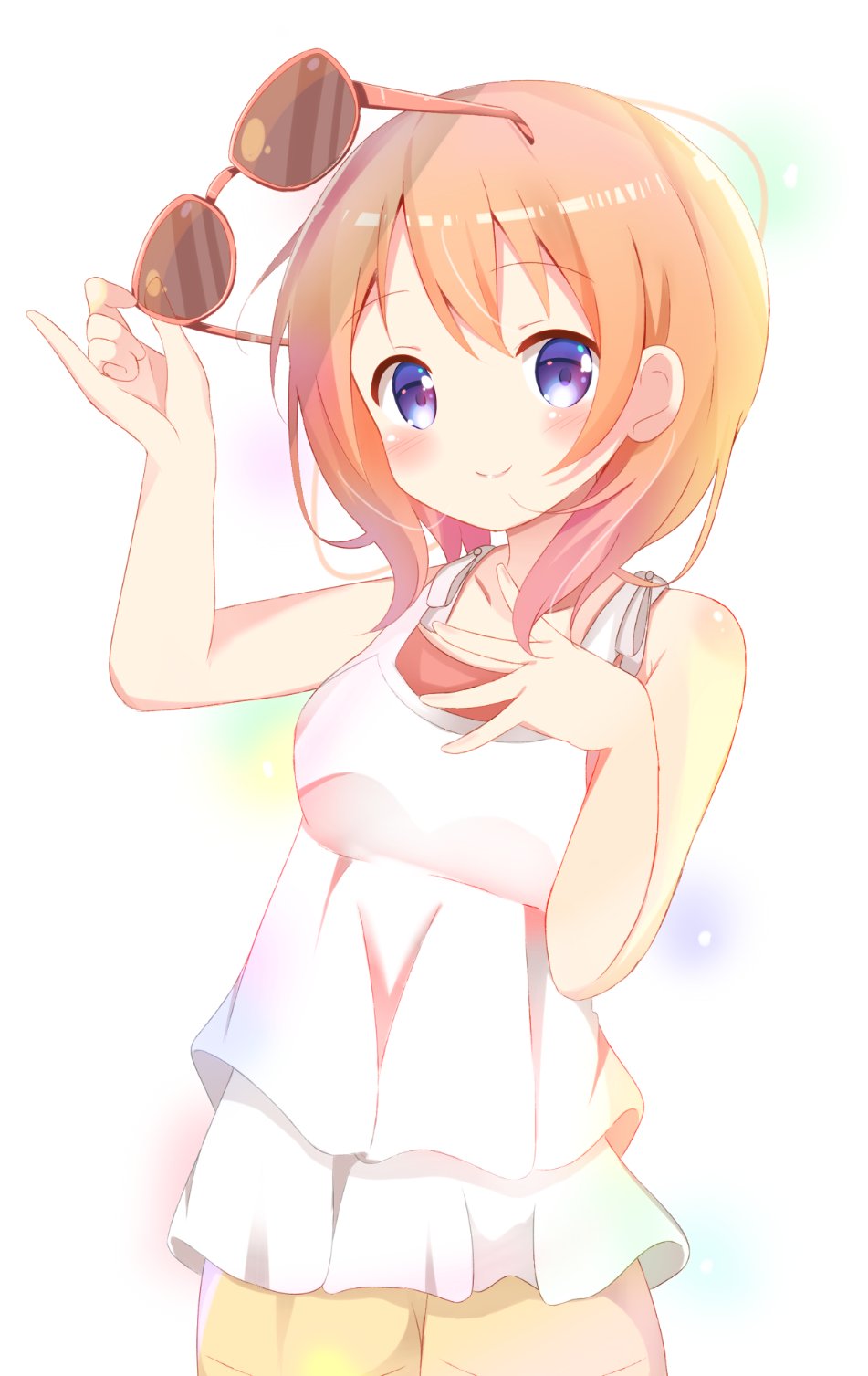 1girl, bangs, bare_arms, blush, breasts, eyebrows_visible_through_hair, gochuumon_wa_usagi_desu_ka?, hand_on_own_chest