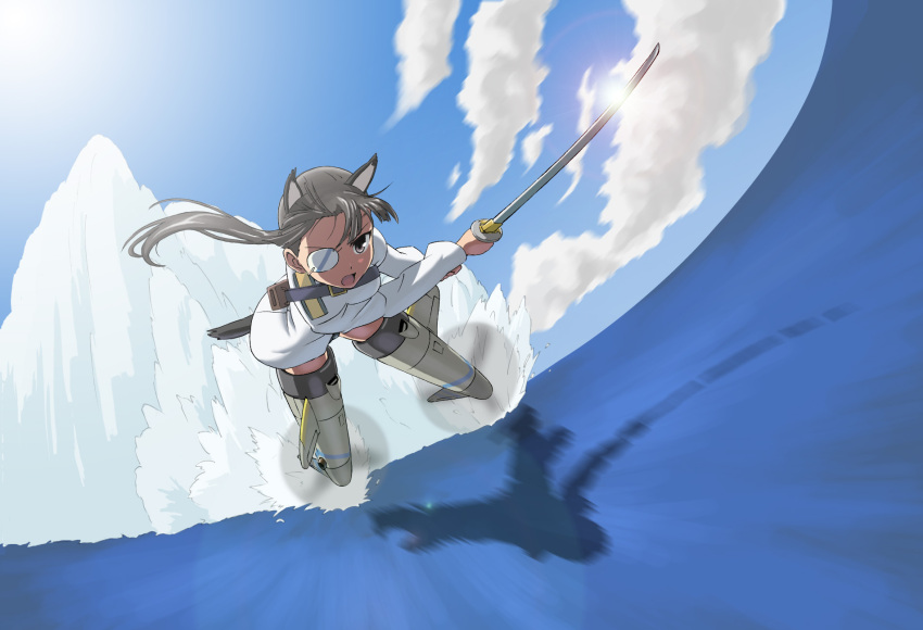 black_hair, eyepatch, flying, highres, katana, long_hair, maachin_(hmh-project), ponytail