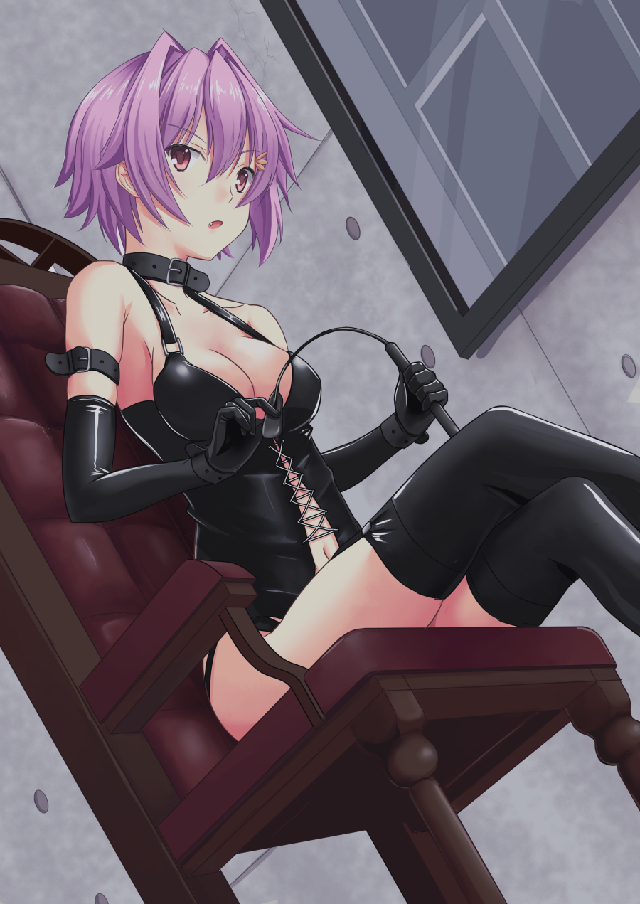 arm_strap, armpits, bangs, bare_shoulders, bdsm, black_footwear, black_gloves, blush, bondage, boots, bound, breasts, chair, cleavage, collar, commentary_request, elbow_gloves, eyebrows_visible_through_hair, fang, from_below, gloves, highres, holding_whip, kantai_collection, looking_at_viewer, medium_breasts, navel, open_mouth, purple_hair, red_eyes, remodel_(kantai_collection), short_hair, sidelocks, sitting, skindentation, solo, taira_yuuki, tama_(kantai_collection), thigh-highs, thigh_boots, thighs, whip, window, wrist_straps