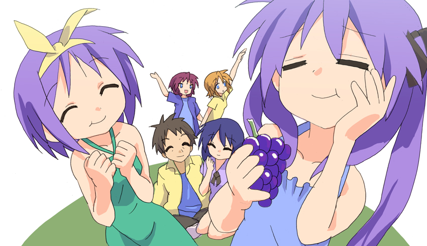 brown_hair, closed_eyes, collarbone, eating, family, food, fruit, grapes