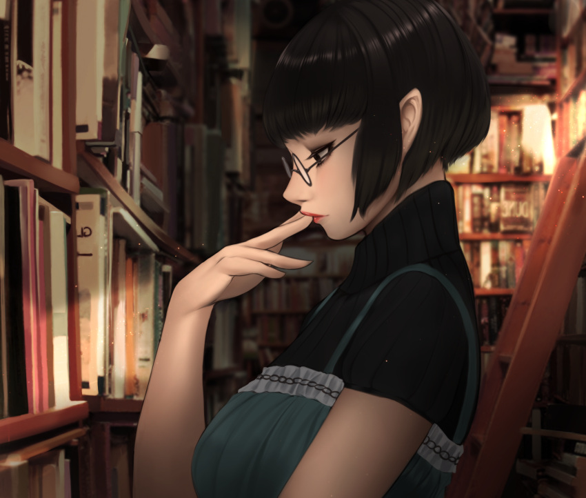 1girl, book, bookshelf, eyelashes, eyeshadow, finger_to_mouth, from_side, glasses
