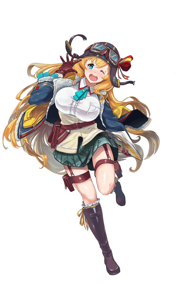 1girl, ;d, artist_request, aviator_cap, blonde_hair, blue_eyes, blue_jacket, boots, breast_pocket, breasts, brown_footwear, brown_gloves, elisa_nicky, formation_girls, full_body, gloves, goggles, goggles_on_headwear, green_skirt, highres, holster, jacket, large_breasts, long_hair, looking_at_viewer, official_art, one_eye_closed, open_mouth, pleated_skirt, pocket, shirt, skirt, smile, solo, transparent_background, very_long_hair, white_shirt