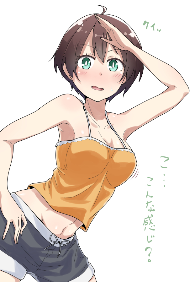 1girl, ahoge, blush, bow, breasts, brown_hair, cleavage, cowboy_shot