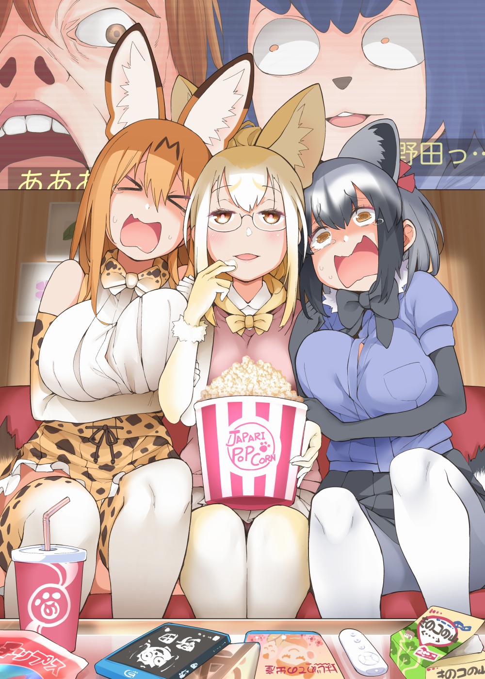 >_<, 3girls, alternate_breast_size, alternate_hair_length, alternate_hairstyle, animal_ears, bare_shoulders, bespectacled