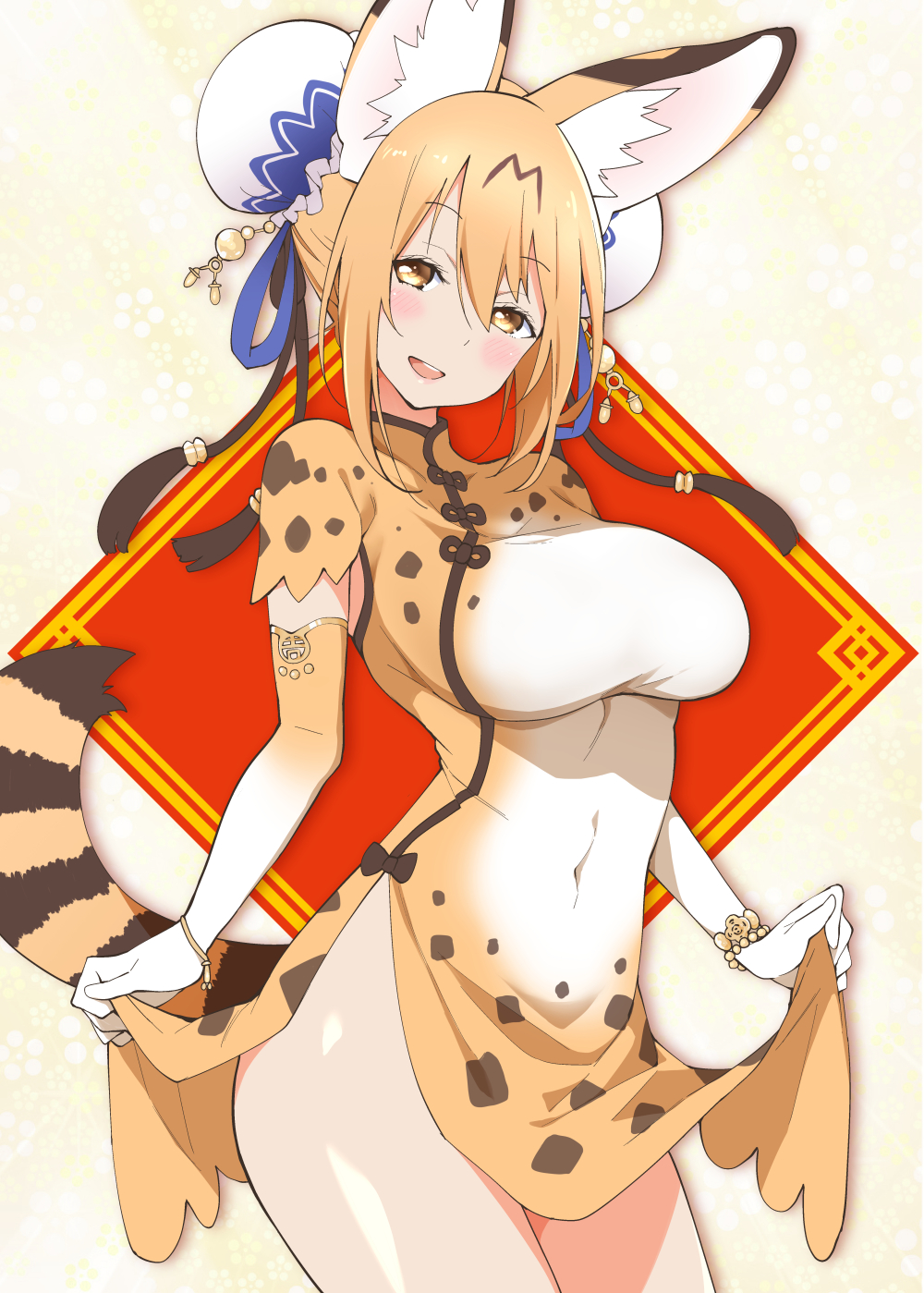 1girl, :d, adapted_costume, alternate_breast_size, alternate_hairstyle, animal_ears, black_ribbon, blonde_hair