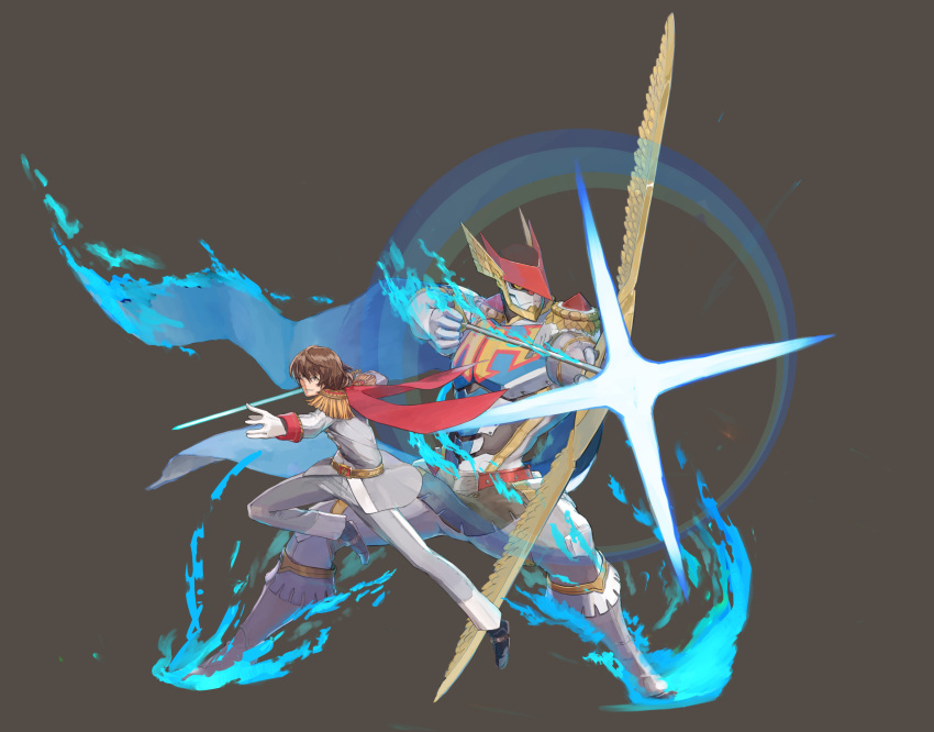 1boy, akechi_gorou, arrow, aura, bow_(weapon), brown_eyes, brown_hair, cape, commentary_request, energy_sword, epaulettes, gattu1118, gloves, helmet, highres, lightsaber, persona, persona_5, pulling, robin_hood_(persona_5), simple_background, sword, tagme, weapon, winged_helmet, wings