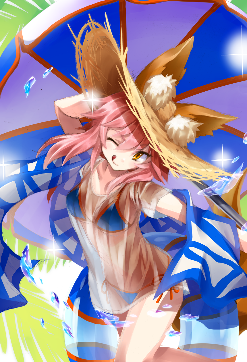 15-jam, animal_ears, beach_umbrella, bikini, bikini_under_clothes, blue_bikini, day, ears_through_headwear, fate/grand_order, fate_(series), fox_ears, fox_tail, hat, highres, innertube, ocean, one_eye_closed, outdoors, palm_tree, pink_hair, pixiv_fate/grand_order_contest_2, shirt, side-tie_bikini, straw_hat, sun_hat, swimsuit, tail, tamamo_(fate)_(all), tamamo_no_mae_(swimsuit_lancer)_(fate), tongue, tongue_out, tree, umbrella, wet, wet_clothes, wet_shirt, wet_t-shirt, yellow_eyes