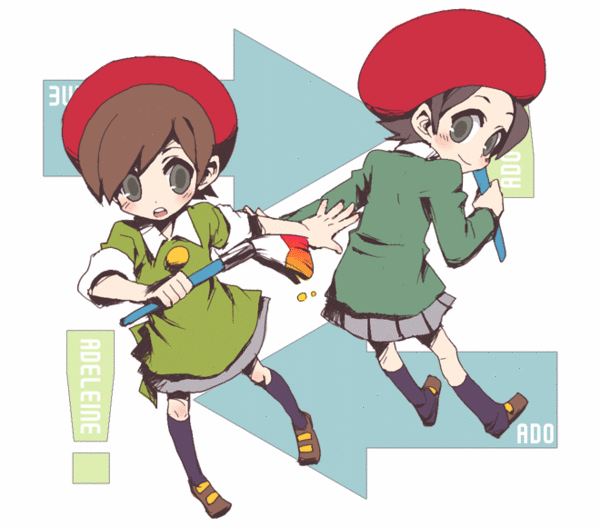 2girls, adeleine, ado, arrow, art_brush, beret, directional_arrow, hat