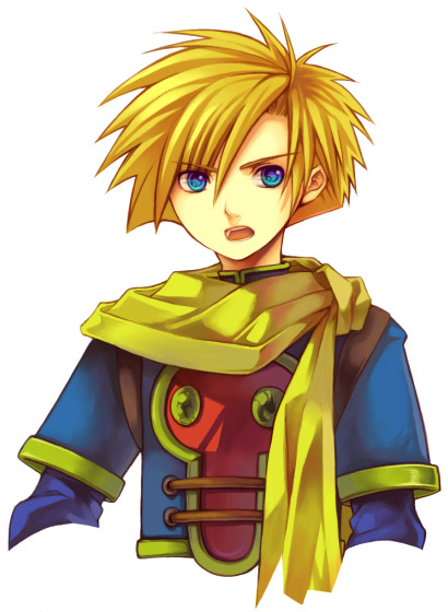 blonde_hair, blue_eyes, golden_sun, isaac_(golden_sun), natsuki_sao, open_mouth, robin_(golden_sun), scarf