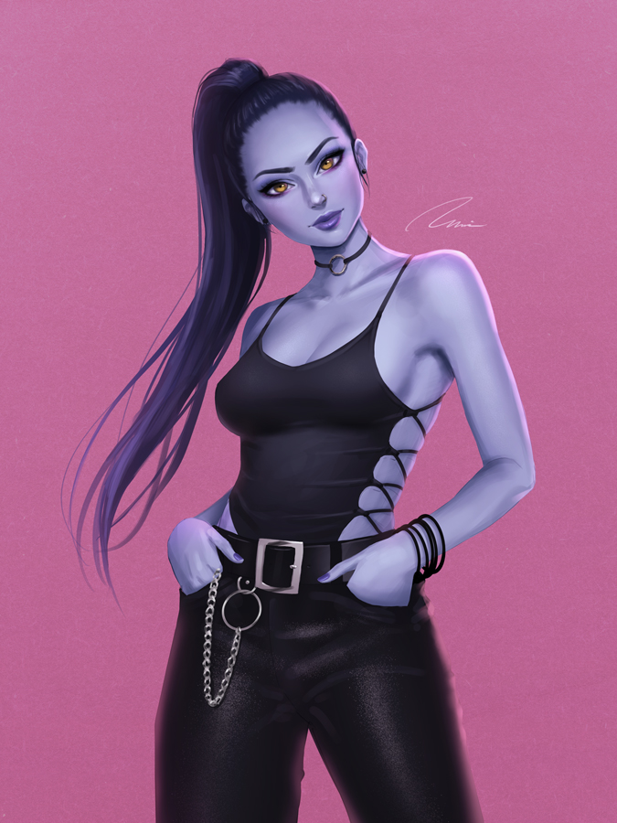 1girl, armpit_peek, bare_arms, bare_shoulders, belt_buckle, black_belt, black_choker, black_hair