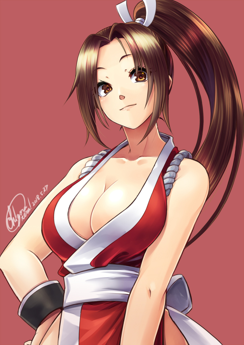 1girl, bare_shoulders, bracer, breasts, brown_eyes, brown_hair, cleavage, fan