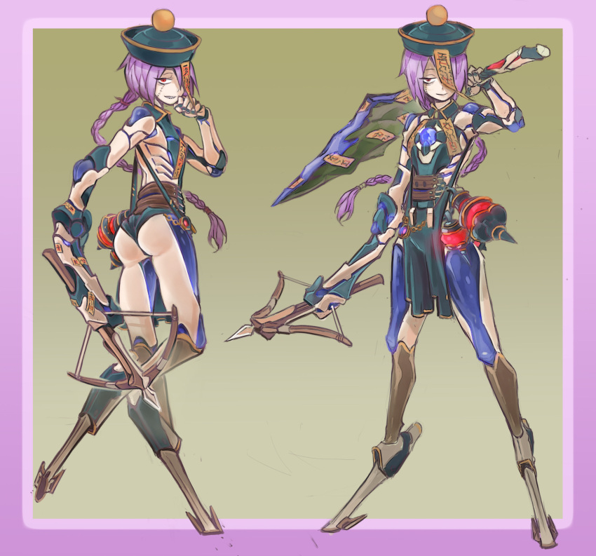 1girl, absurdres, android, bonesfish, bow_(weapon), braid, chest_jewel, crossbow