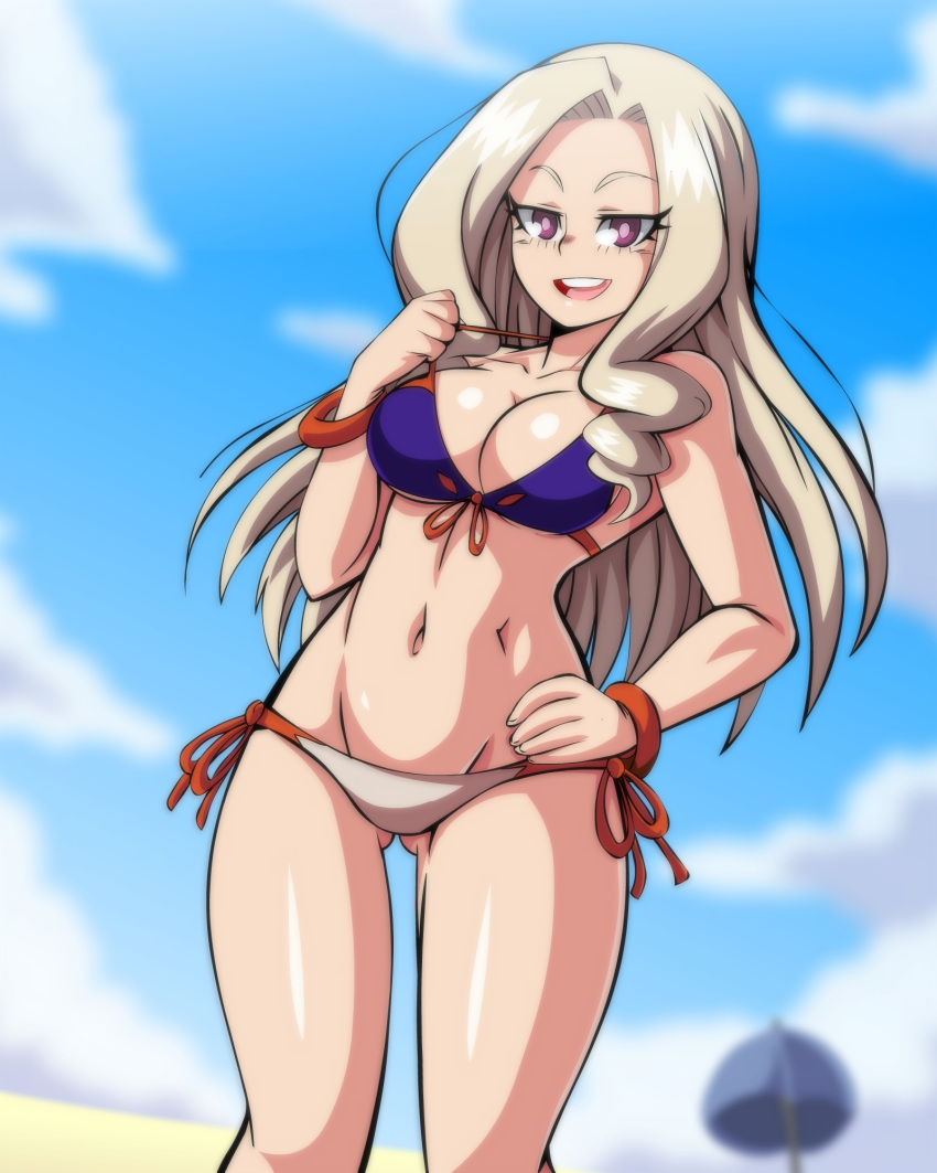 1girl, :d, beach, bikini, blonde_hair, blue_sky, bocodamondo, boku_no_hero_academia, breasts, cleavage, clouds, day, drill_locks, gluteal_fold, groin, hand_on_hip, highres, large_breasts, long_hair, mount_lady, navel, open_mouth, outdoors, side-tie_bikini, sky, smile, strap_pull, swimsuit, umbrella, upper_teeth, violet_eyes
