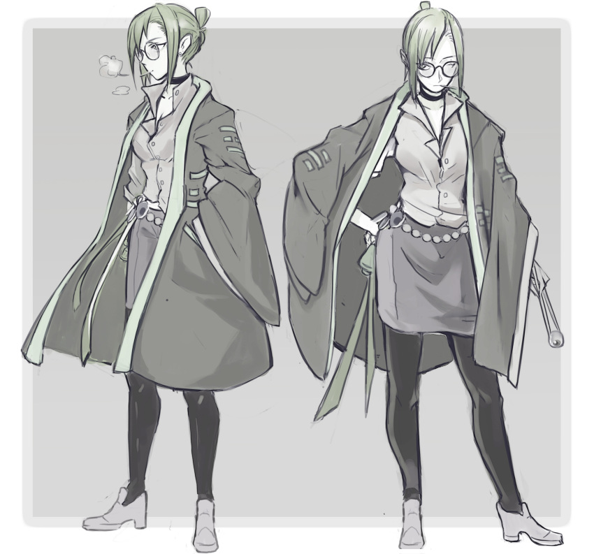 1girl, absurdres, asymmetrical_bangs, asymmetrical_hair, bangs, bonesfish, choker, chopsticks, cigarette, coat, eyeball, glasses, green_hair, hand_in_pocket, hand_on_hip, highres, jacket_on_shoulders, original, pantyhose, shoes, short_hair, skirt, smoking