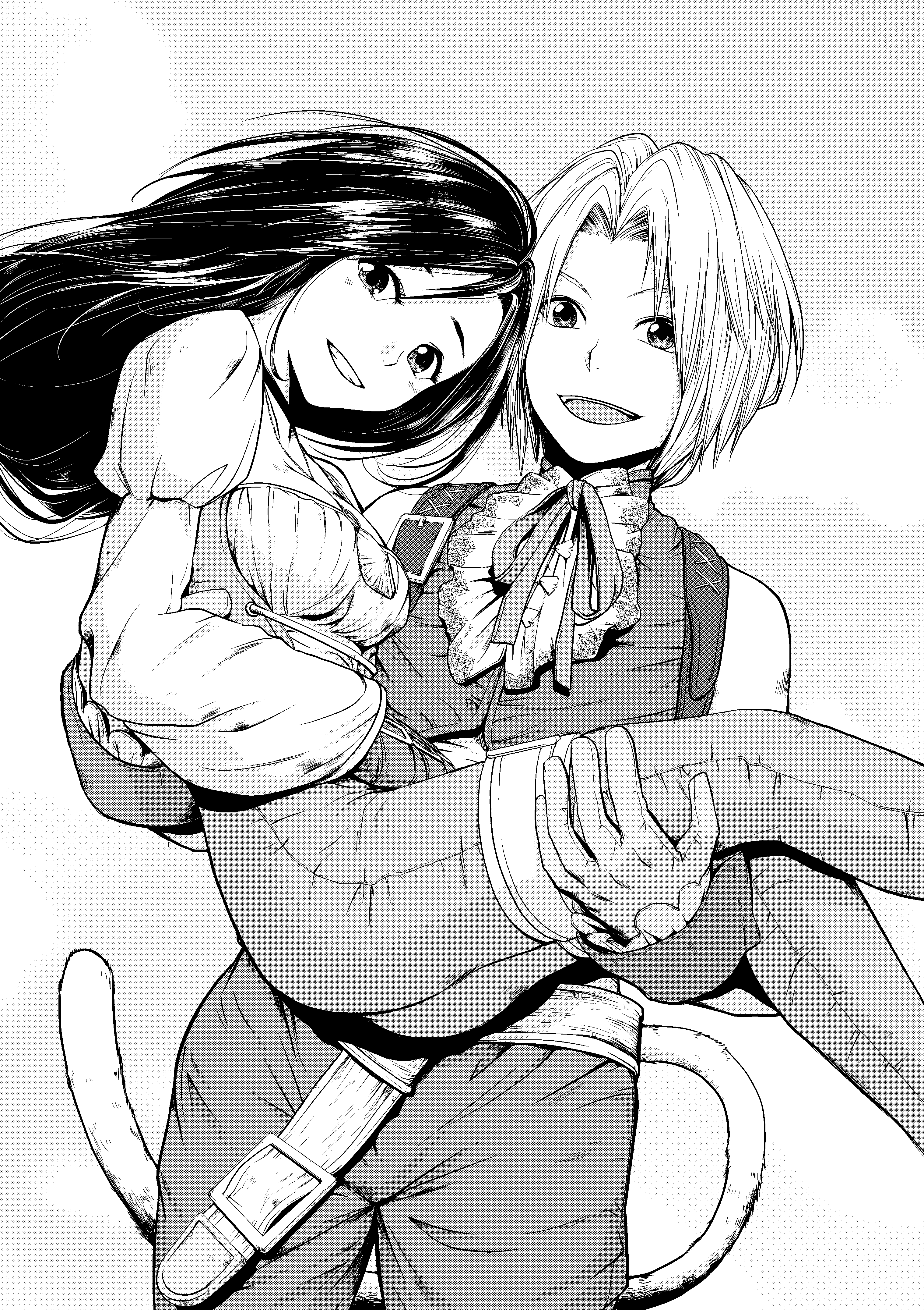 1boy, 1girl, absurdres, affection, black_eyes, black_hair, bodysuit, breasts, carrying, cleavage, commentary_request, feathers, final_fantasy, final_fantasy_ix, garnet_til_alexandros_xvii, gloves, grin, highres, jewelry, kalua, long_hair, monkey_tail, necklace, pants, princess_carry, short_hair, smile, tail, zidane_tribal