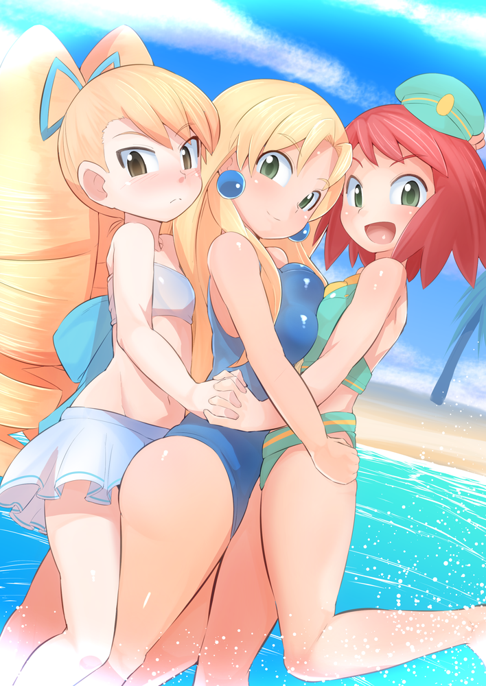 3girls, asymmetrical_docking, beach, big_hair, bikini, blonde_hair, blue_earrings, blue_legwear