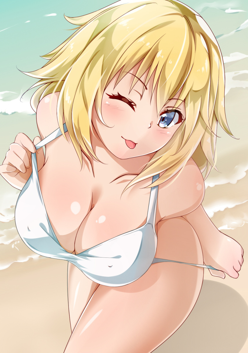 1girl, :p, aono_(f_i_s), beach, bikini, bikini_pull, blonde_hair, blue_eyes