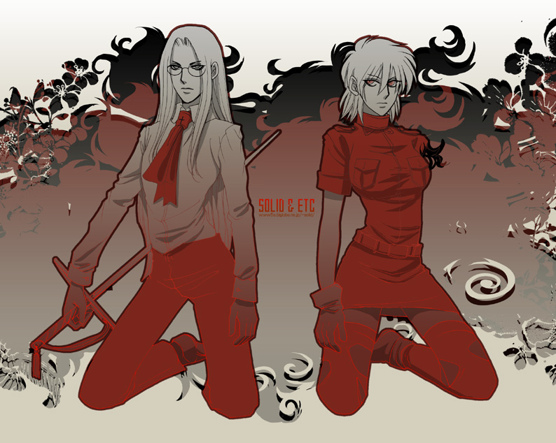 androgynous, dress_shirt, glasses, hellsing, integra_hellsing, kneeling, long_hair, multiple_girls, necktie, one_arm, reverse_trap, seras_victoria, single_glove, solid&amp;etc, sword, thigh-highs, thighhighs, uniform, vampire, weapon, zettai_ryouiki