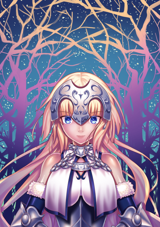 1girl, blonde_hair, blue_eyes, breasts, chains, elbow_gloves, fate/grand_order, fate_(series), fur-trimmed_gloves, fur_trim, gauntlets, gloves, headpiece, jeanne_d'arc_(fate), jeanne_d'arc_(fate)_(all), kuro_ousama, large_breasts, long_hair, looking_at_viewer, solo